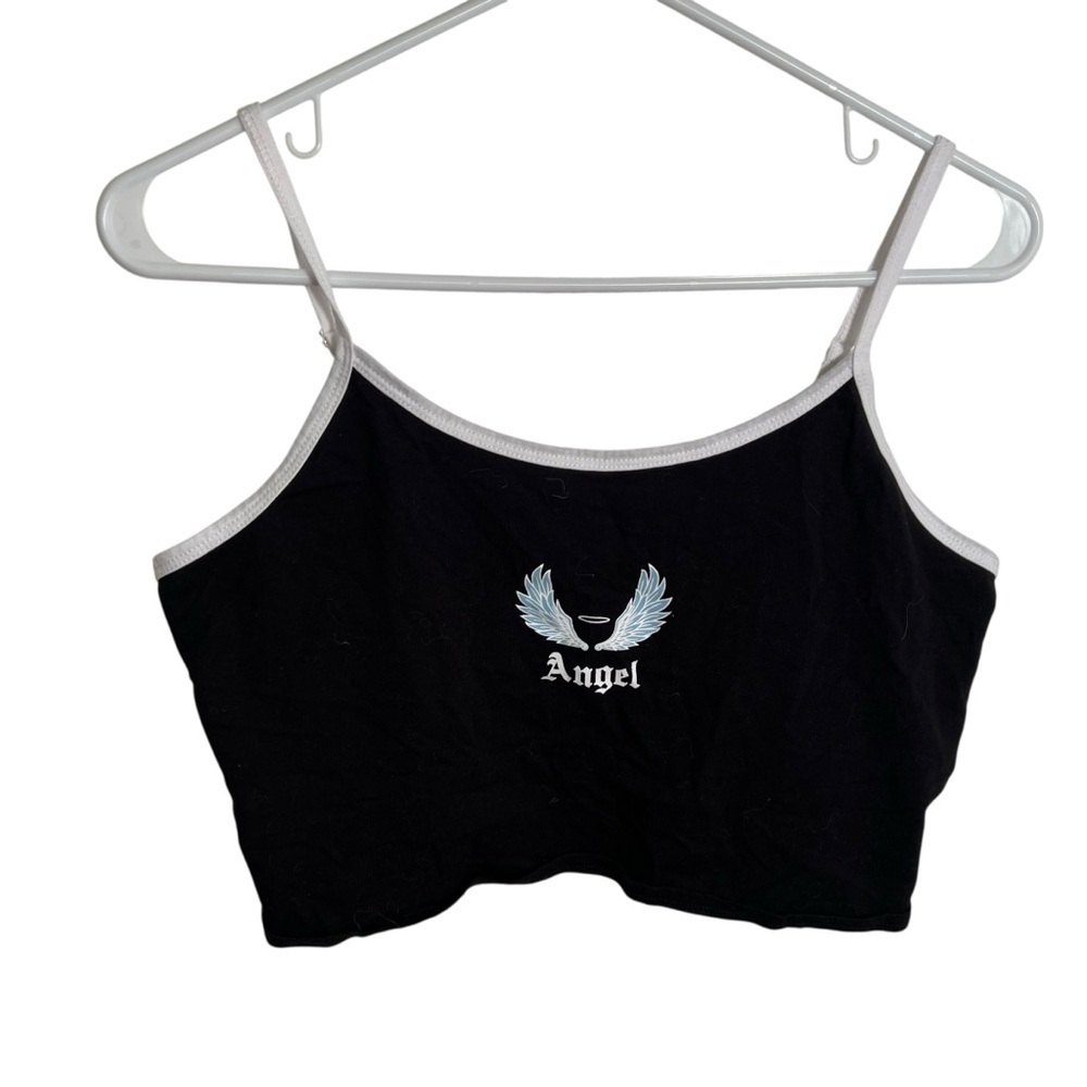 No Boundaries Women's Juniors Size Large 11-13 Cropped Tank Top Black Angel‎ Y2K